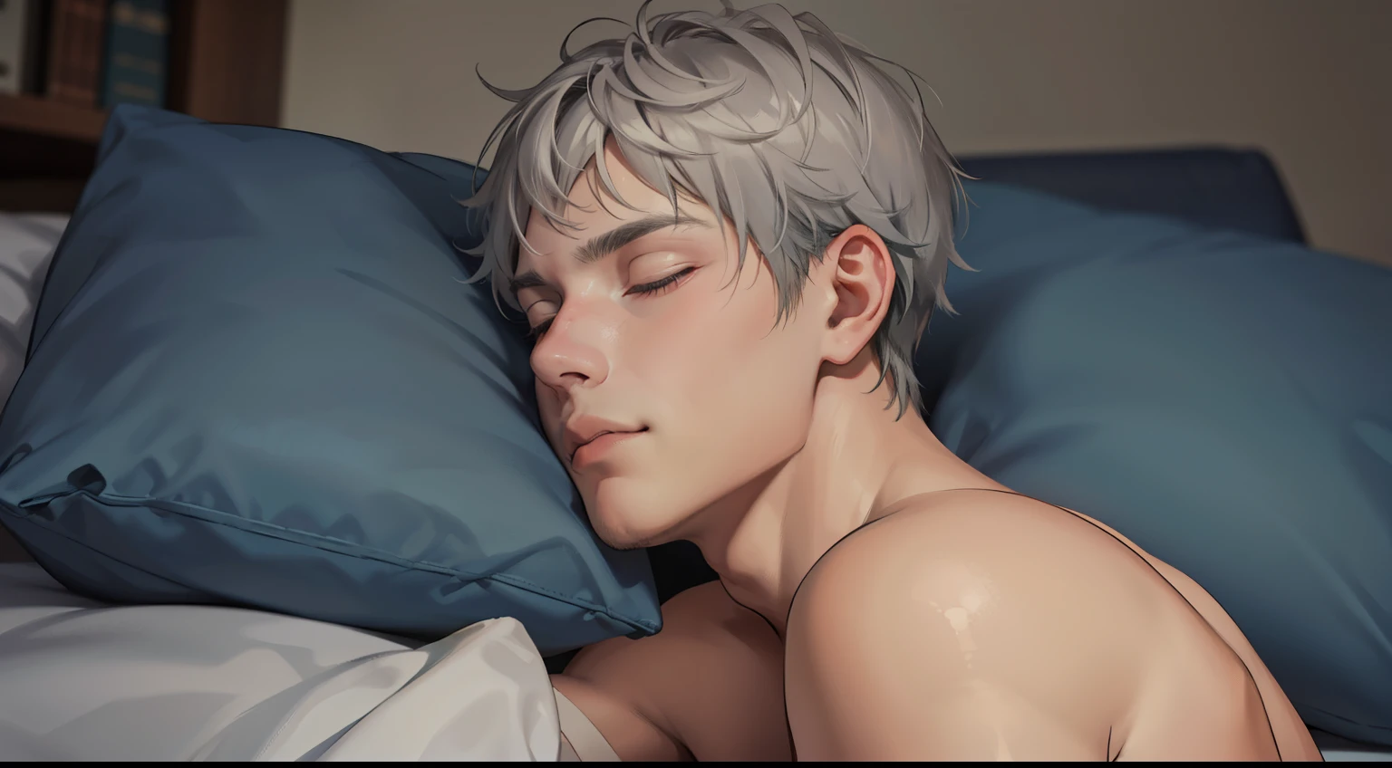 cute 16 year old boy light gray hair shirtless is asleep