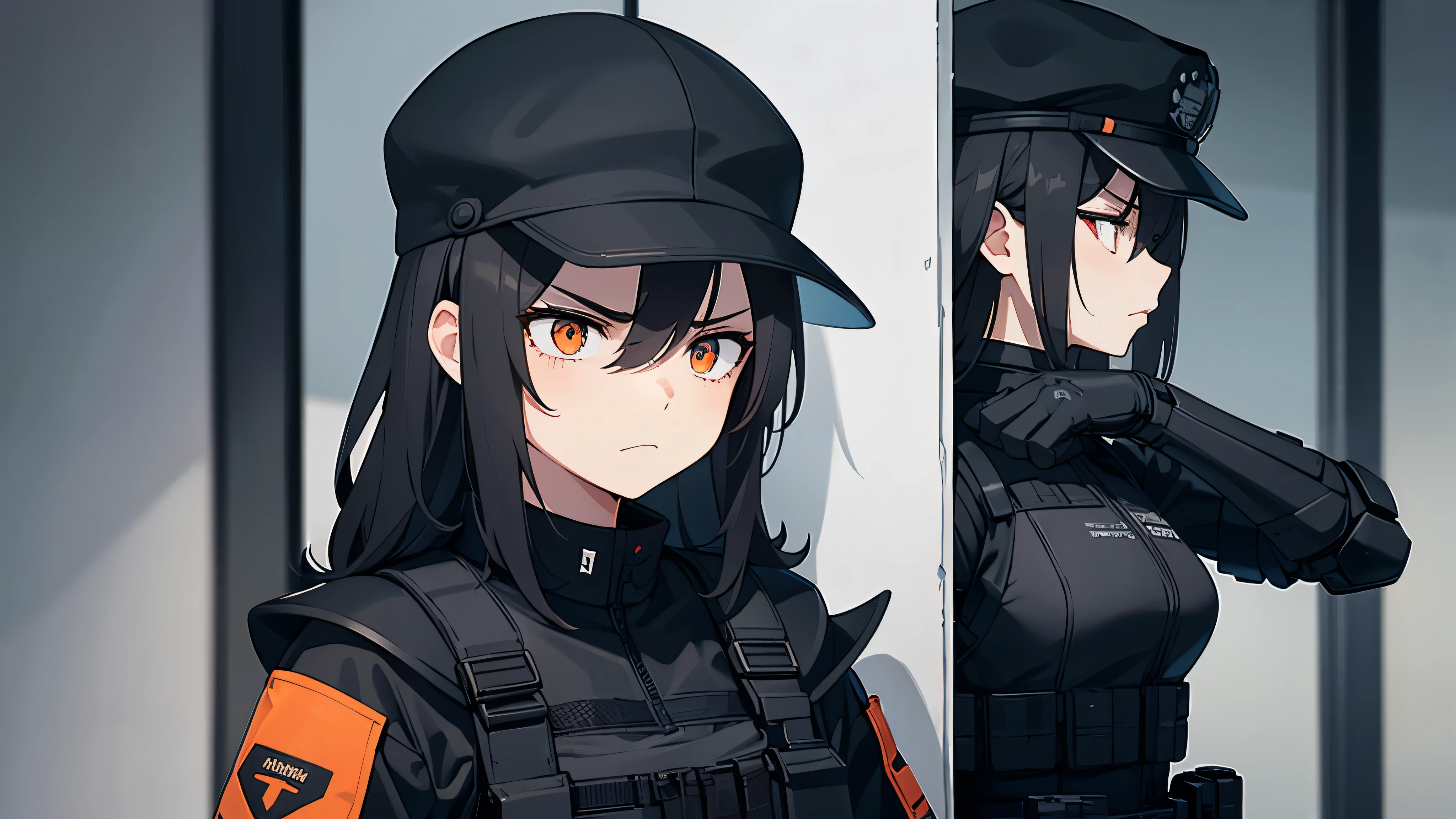 1girl, 2clones, black tactical cap, cap, tactical black railed headset, black long messy hair, black plain tshirt, armored, black shoulder pads, black tactical vest, black armor pads, black handgun holster, black tactical socks, tactical skirt, focused, orange eyes, unamused, unhappy, unimpressed, upset, shadow, big