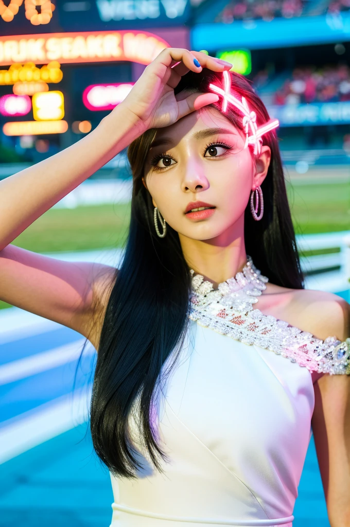 Tzuyu 1, woman, (realistic), (hyper realism), (photorealistic), Depth of the bounds written, eye make up:0.9, (whole body:1.2), (tight waist), looking at the viewer,at the racing track, lace queen, Sexy dress with open shoulders and chest