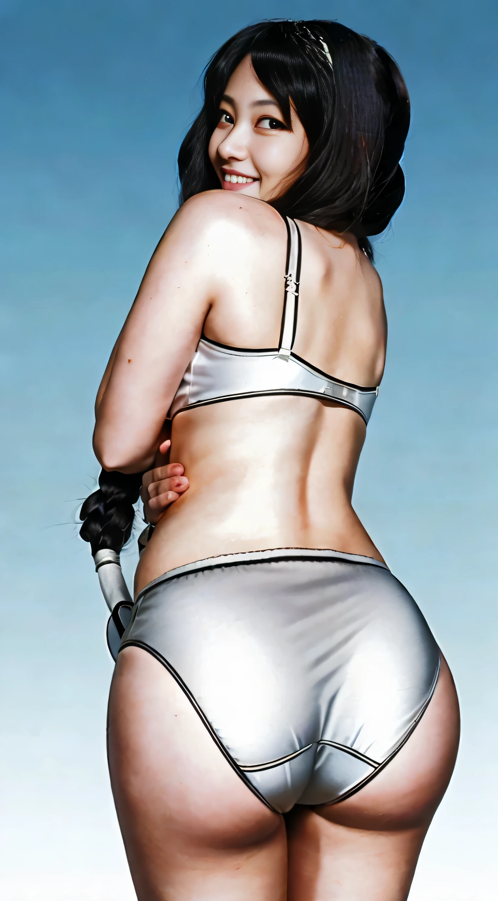 ((masterpiece, best quality)), ((39 year old)), (((Curvy))), ((Unohana from Bleach)), ((Japanese woman with long black braided hair)), ((white cotton )),white bra, smiling, Blue eyes, (((photo realistic))) ((90's film, 90's movie scene, 90's TV Style))