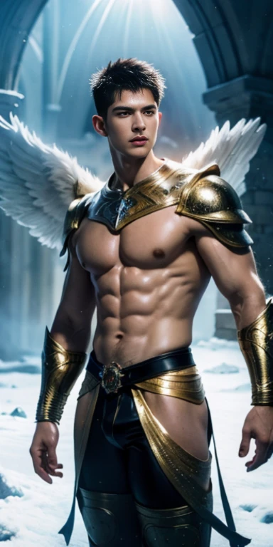 Ultra high resolution, best quality, photograph, 4k, (photographrealistic: 1.4), movie light, The male angel has large translucent wings., A shirtless, muscular man., Abdominal muscles wearing medieval gold armor, Fine fur, feThe male angel has large translucent wings., muscular woman, Abdominal muscles wearing medieval gold armor, Fine fur, cyberpunk environment, Environment with snow and ice in the background, ice cathedral, Portal of the future, Three-dimensional lighting, HD, magic, god of light, Backlight, detailed face, contrast, smooth skin, soft hands, correct ???????, five fingers.