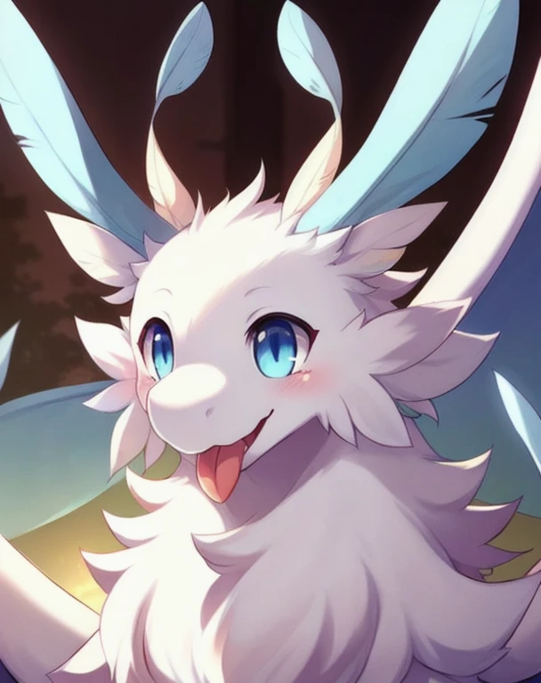 by Whooo-Ya, by Sskomu \(artist\), by Kakure Eria, ( smile:1.25), (solo furred dragon quivern:1.3), (fluffy, white body, wings, blue eyes, round eyes, blue antennae, feather antennae, white claws, submissive:1.25), BREAK, detailed background, depth of field, shadow, sunlight, ambient silhouette, backlighting,tongue out,female