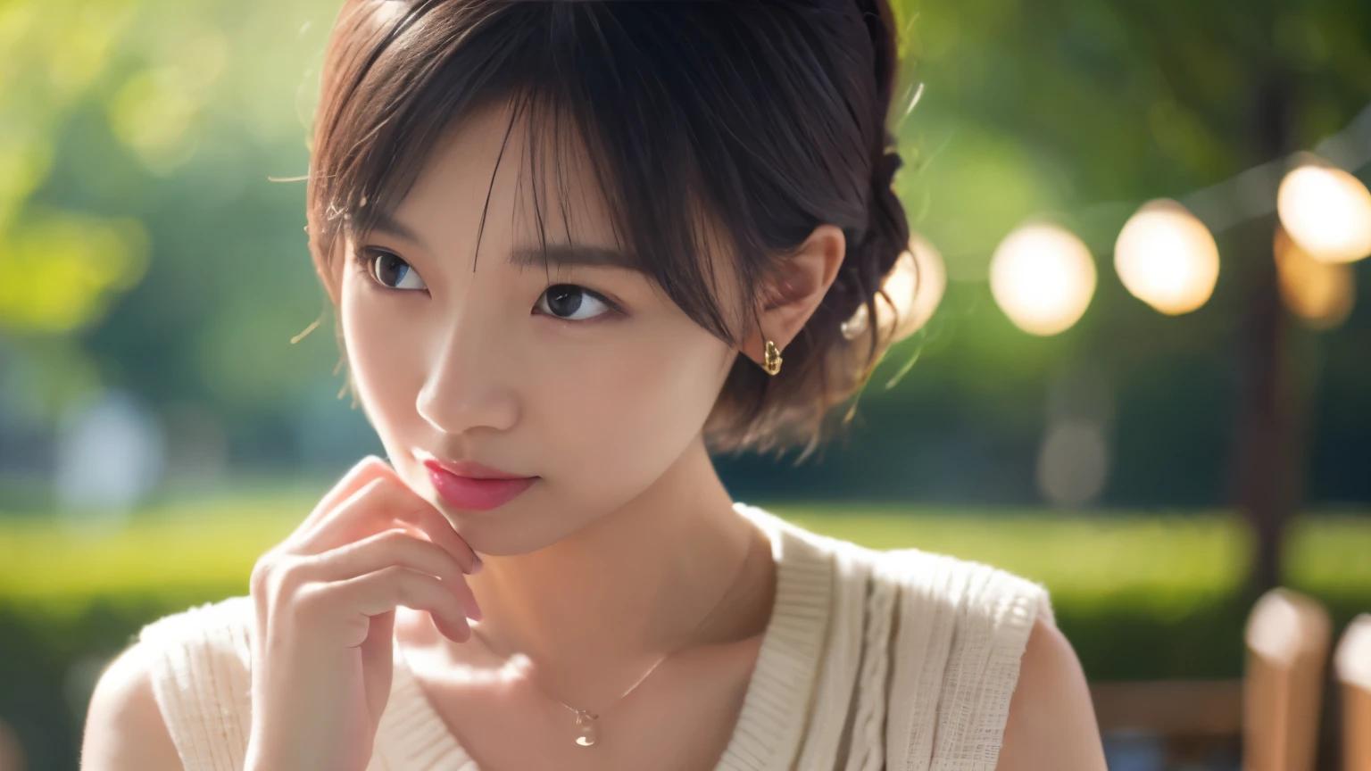 (highest quality、8K、32k、masterpiece、nffsw:1.2)、cute日本人女性の写真、big and full breasts、very short bobbed hair、Upper body、surface focus、extra large_sweater、necklace、Background of the café、From above、Viewer looking x4、(8K、RAW photo、highest quality、masterpiece:1.2)、(realistic、Photoreal:1.37)、1 girl、cute、professional lighting、photon mapping、Physically based rendering、gradient brunette hair、short curly hair、Handsome、girly、excellent image quality、High resolution、1080p、(clean face)、(Detailed facial description)、(Detailed hand explanation)、(Masseter muscle part)、(Detailed CG)、 extreme light and shadow、hair is dirty、masterpiece、rich details、(exquisite features)、(best image quality)、(masterpiece)、(detailed eye)、looking forward to your eyes、delicate clavicle、Various poses、Don'don't watch the mela、profile、Photographed inside the cafe、Spring clothes、simple necklace、light blue knit