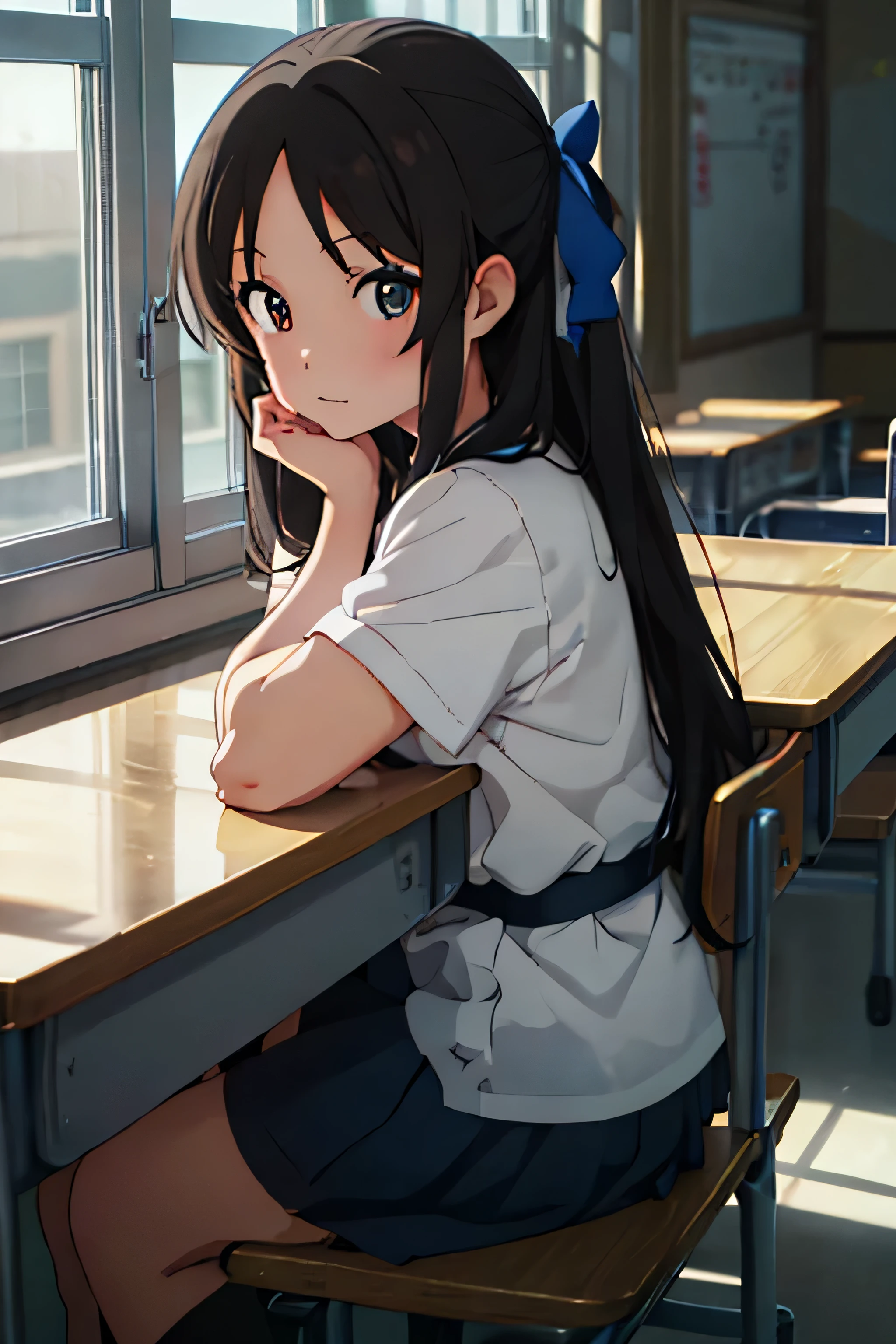 anime style illustration, highest quality, girl 1, solo, close up of face, School, classroom, Girls studying, (young girl, Completely naked, black hair, long hair, blue ribbon, shame, shyness, dye one&#39;s cheeks, small breasts, slimmed body, thighs )