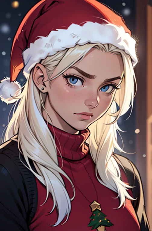 fundo cinza triste, Sozinho, (((1 garota))), cabelo muito comprido, cabelo preto, olhos amarelos, ((muscular)), enorme , pale skin, cabelo liso, (christmas sweater) close up Santa Claus hat