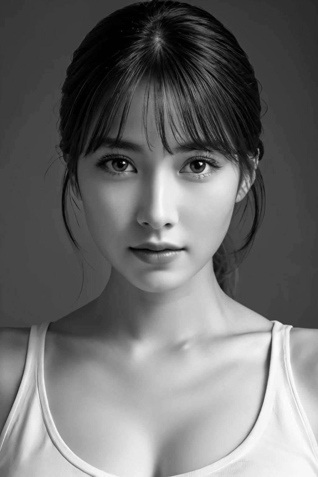 table top, highest quality, Photoreal, Super detailed, finely, High resolution, 8k wallpaper, RAW photo, Professional, Advanced level of detail, (((monochrome photography))), 1 girl, (facing the front), Upper body, perfect face, (Only lips red)