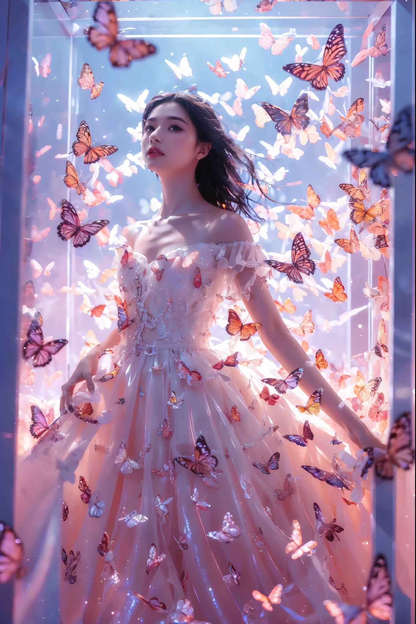 kinghere fensejiaren,1girl,butterfly,solo,dress,long hair,white butterfly,look at viewer,realistic,parted lips,white dress,lips,bare shoulders,(masterpiece:1,2),best quality,masterpiece,highres,original,extremely detailed wallpaper,perfect lighting,(extremely detailed CG:1.2,