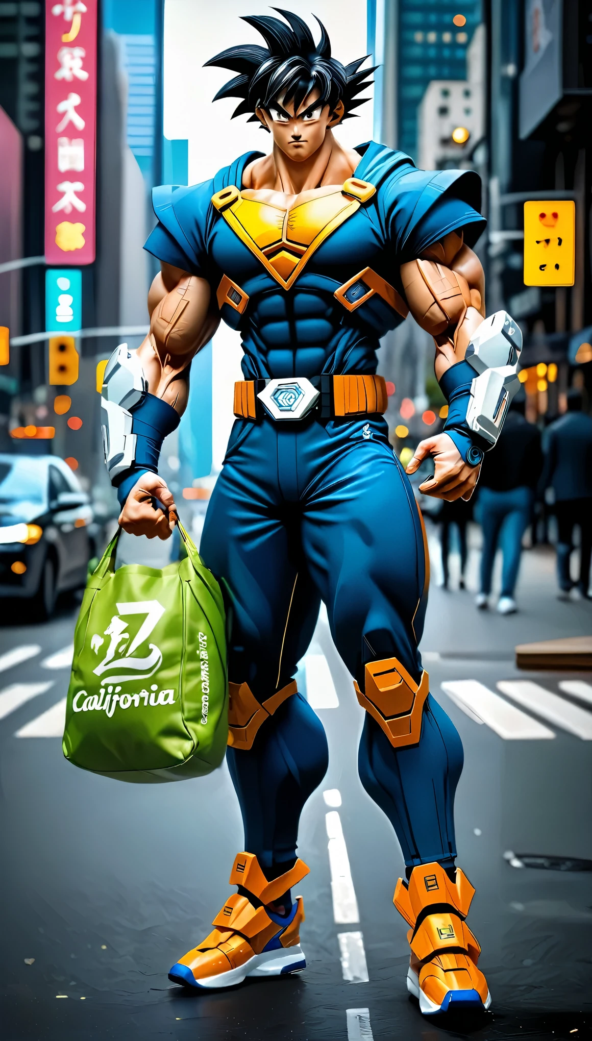 print CALIFORNIA (CALIFORNIA FITNESS) on the green bag, place the consonant C in the center of the bag underlined and below the name CALIFORNIA, IMPROVE the FACE of the character Goku and highlight his eyes on the Boll Z Dragon model,