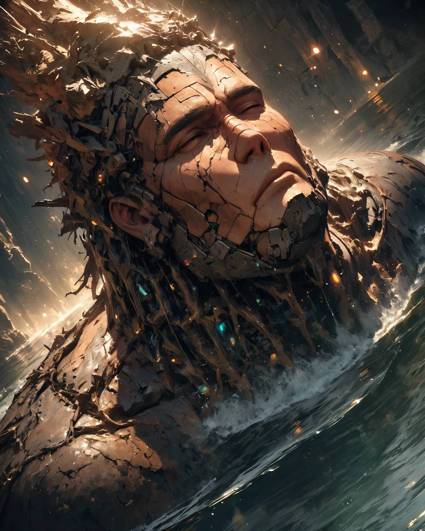 from above, bokeh, UHD, masterpiece, high details, high quality, award winning, best quality, highres, 16k，
(Looking up angle），Big Dumb Object，（Portrait of huge handsome man head sculpture collapsed in water：1.3），Great Wilderness，Dense fog，old，Dead branches，Art style of Philip Hodas，Matte of the human soul, realism ，BDO works by American digital artist Stuart Lippincott，Use advanced tones and shading，Creates a dazzling and mysterious light，The deep spatial pattern and mysterious atmosphere,Create a sci-fi mechanical god realm,Highlighting the insignificance of human beings，and fear of the unknown，minimalist art，fantasy，Surrealism，