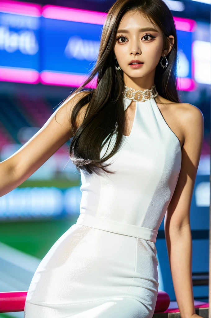 Tzuyu 1, woman, (realistic), (hyper realism), (photorealistic), Depth of the bounds written, eye make up:0.9, (whole body:1.2), (tight waist), looking at the viewer,at the racing track, lace queen, Sexy dress with open shoulders and chest