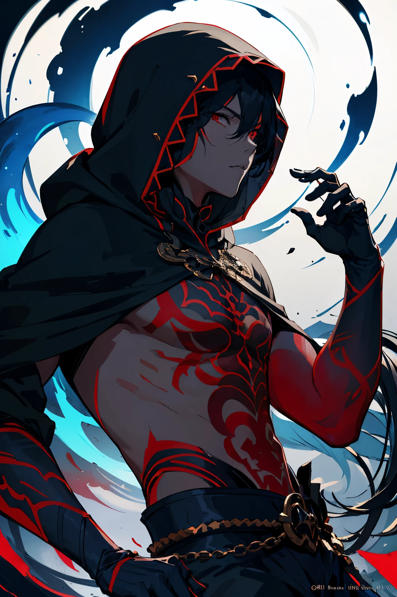 Ultra Detailed, 1boy, Official Art, Unity 8k Wallpaper, fanart, commissioned art, professional artist, digital art, alluring, face, ((flat color)), ((celshade)), dark skin, pure black skin, void race, blue flames, black shirt, black hoodie, red eyes, black long pants, black gloves, blue background,