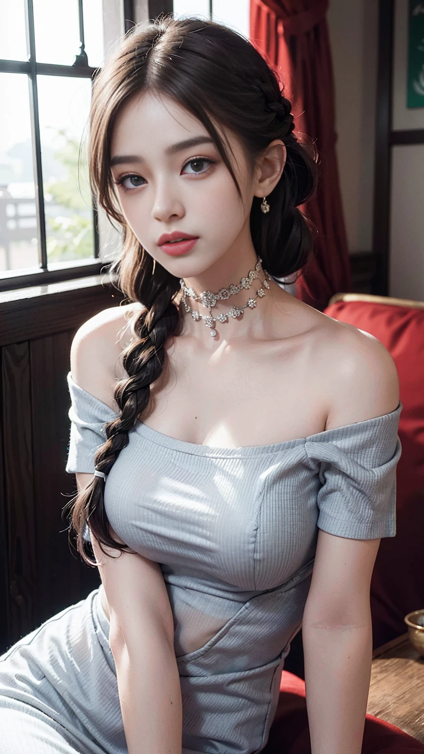 best quality, masterpiece, ultra high res, (photorealistic:1.4), 1girl, off-shoulder shirt, ((traditional Chinese dress:1)), black choker, (faded ash gray hair:1), (huge breasts:1.2), looking at viewer, closeup, silky smooth skin, detailed eyes and face, depth of field, bokeh, detailed lighting, beautiful and adorable, braid, slender body, High exposure of the chest