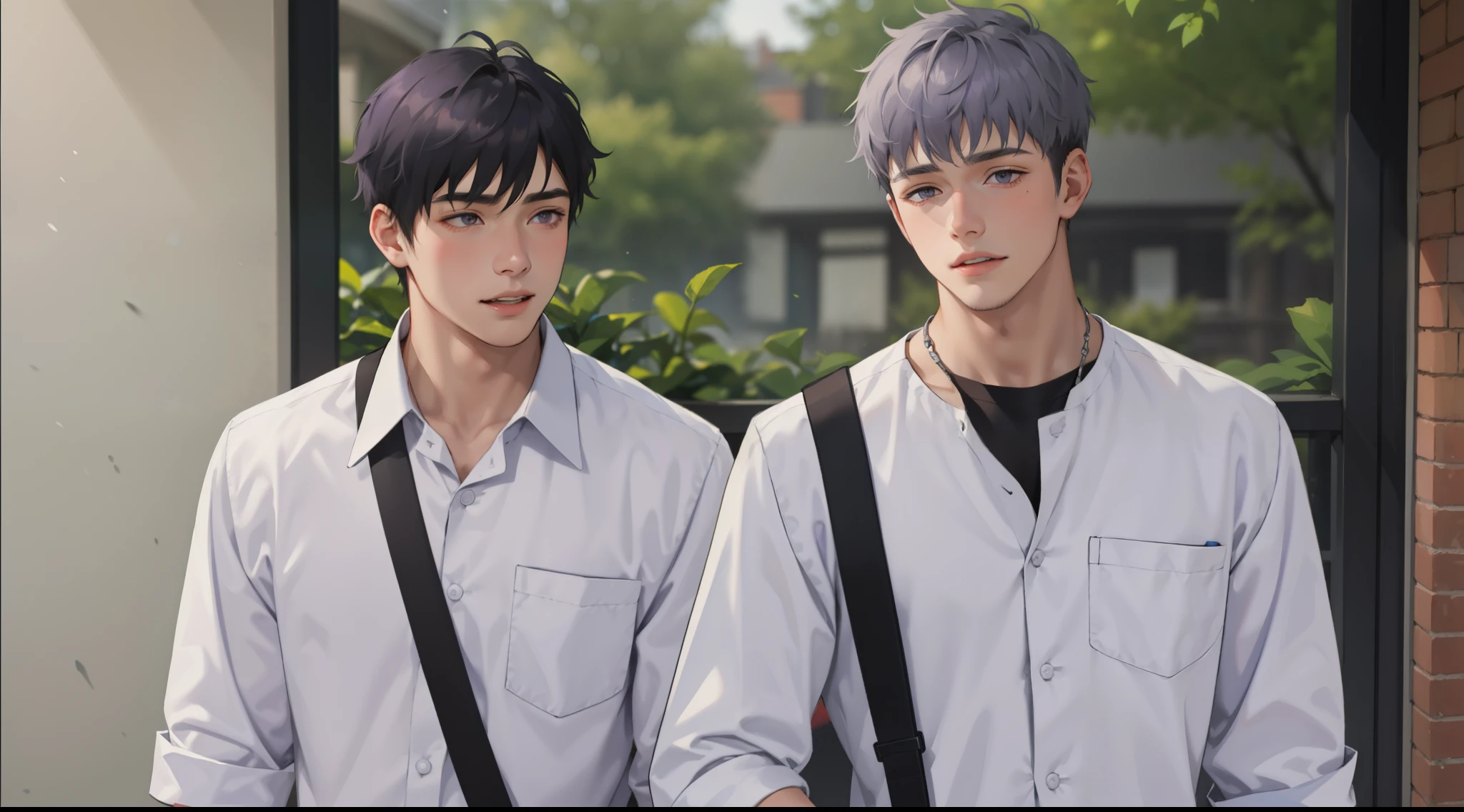 two 16 year old boys with gray and violet hair