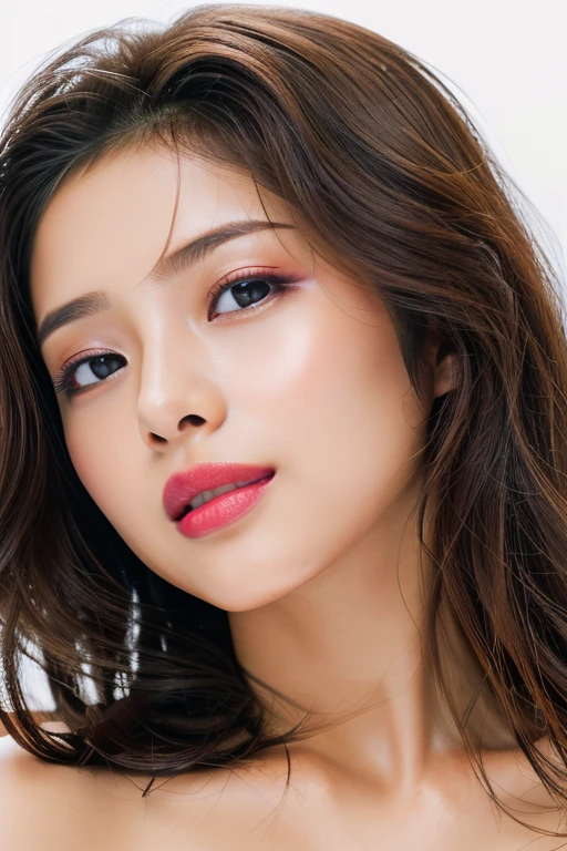 (highest quality、table top、8K、best image quality、Award-winning work)、(one young girl, 14 years old:1.3)、(red eyeshadow:1.2)、perfect makeup、long eyelashes、Super high-definition sparkling eyes、ultra high definition hair、ultra high resolution glossy lips、Super high resolution perfect teeth、Super high resolution cute face、brown hair、(very long straight hair:1.1)、look at me and smile、[clavicle]、accurate anatomy、(close up of face:1.5)、Luxury love hotel、(The most moody warm lighting:1.2)、blurred background、Super high-resolution glossy and moisturized face、Super high resolution glowing skin、most detailed face、Ultra high resolution detailed faces、ultra high resolution hair、Super high resolution sparkling eyes、Beautiful face drawn in every detail、Super high resolution glossy red lips、(((Naked 1.5)))、(((full nude 1.5)))、(Emphasize the chest1.5)、