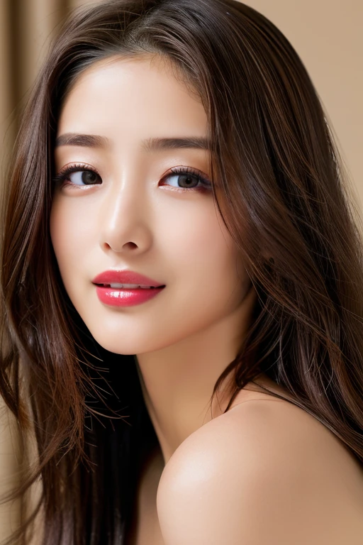 (highest quality、table top、8K、best image quality、Award-winning work)、(one young girl, 14 years old:1.3)、(red eyeshadow:1.2)、perfect makeup、long eyelashes、Super high-definition sparkling eyes、ultra high definition hair、ultra high resolution glossy lips、Super high resolution perfect teeth、Super high resolution cute face、brown hair、(very long straight hair:1.1)、look at me and smile、[clavicle]、accurate anatomy、(close up of face:1.5)、Luxury love hotel、(The most moody warm lighting:1.2)、blurred background、Super high-resolution glossy and moisturized face、Super high resolution glowing skin、most detailed face、Ultra high resolution detailed faces、ultra high resolution hair、Super high resolution sparkling eyes、Beautiful face drawn in every detail、Super high resolution glossy red lips、(((Naked 1.5)))、(((full nude 1.5)))、(Emphasize the chest1.5)、