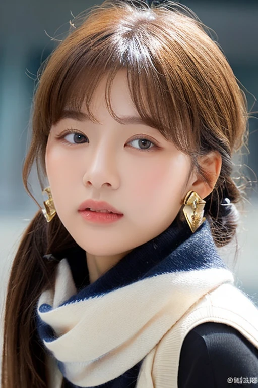 one girl, (a beauty girl, delicate girl:1.3), (18-year-old:1.3),photograph、
break, software, very fine resolution、(scarf, :1.3),blush、blush your cheeks、earrings、
break, (symmetrical eyes:1.3),Night station platform、illumination、
break,((pout:1.3))、Upper grade、high angle、bulging cheeks、
break, small breasts, parted bangs, brown hair, girl,ponytail、Scrunchie、Hair falls on cheek、
break, (Eye and face details:1.0),
break, (masterpiece, highest quality, Super detailed, detailed face, 8K)