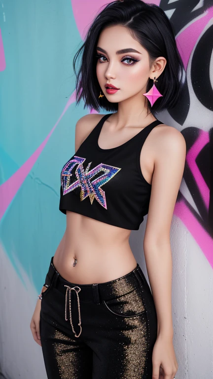 Beautiful photo of a girl with very short, straight hair and makeup with glitter eyeshadow. Glitter lips, lots of earrings, crescent star earrings. Black tank top with graffiti large letter graffiti English letters, pants, casual days, summer women's punk, slim, beautiful belly, slender legs, 30k, exquisite clothing details, high profile, colorful spray painting