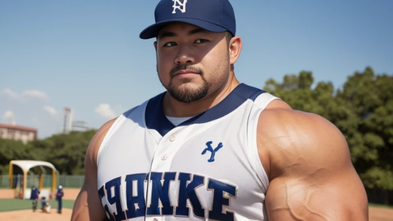 (cap:1.2), (baseball uniform:1.2), (at playground:1.4), Japanese man, Chinese man, Korean man, Taiwanese man, manly face, fat face, (round face:1.4), (monolid eyes:1.2), (buzz cut:1.4), very large and strong body, bulky body, beefy muscles, (bulging muscles:1.4), (very large pectoral muscles:1.4), (muscular arms:1.4), muscular abs, muscular legs, muscular back, brightens oily skin, master piece, (realistic:1.4), panorama, distant view
