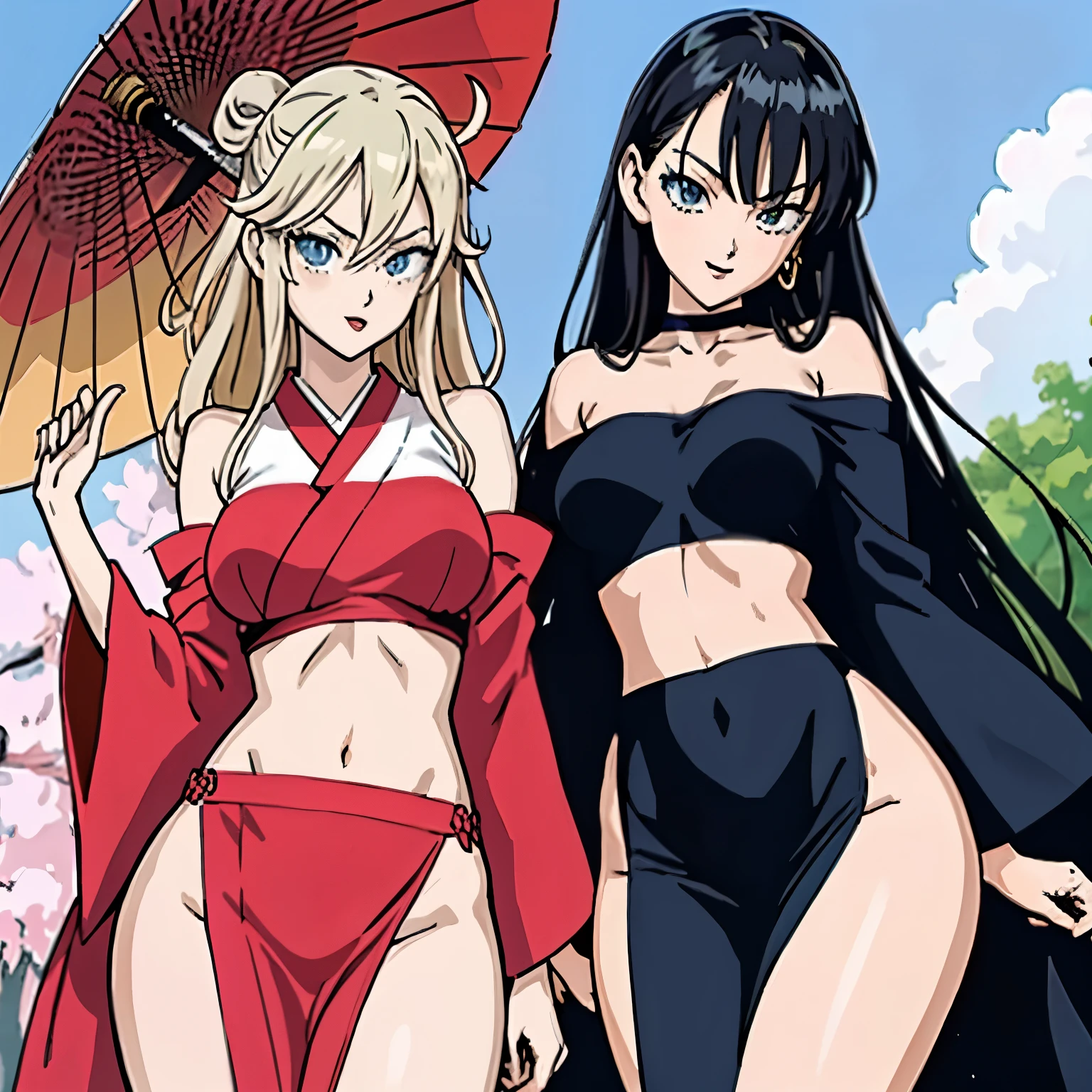 2girl, two girl,
, choker, long hair, , red lipstick,
standing, narrow waist, wide hips,
, range murata and artgerm, masterpiece, best quality, highly detailed, a anime girls in kimono dress with a sword posing for a picture, bare shoulder,open kimono, evil smile, open mouth, crop top , (nsfw) not safe for work, smile, ecchi anime style, anime girls, ecchi style, ecchi, digital anime art!!, in anime style, official artwork, visual novel cg, beautiful anime girl, anime style 4 k, kimono pencil skirt, exposed belly, exposed navel, exposed midriff, exposed lower belly, outdoor, japanese architecture, temple