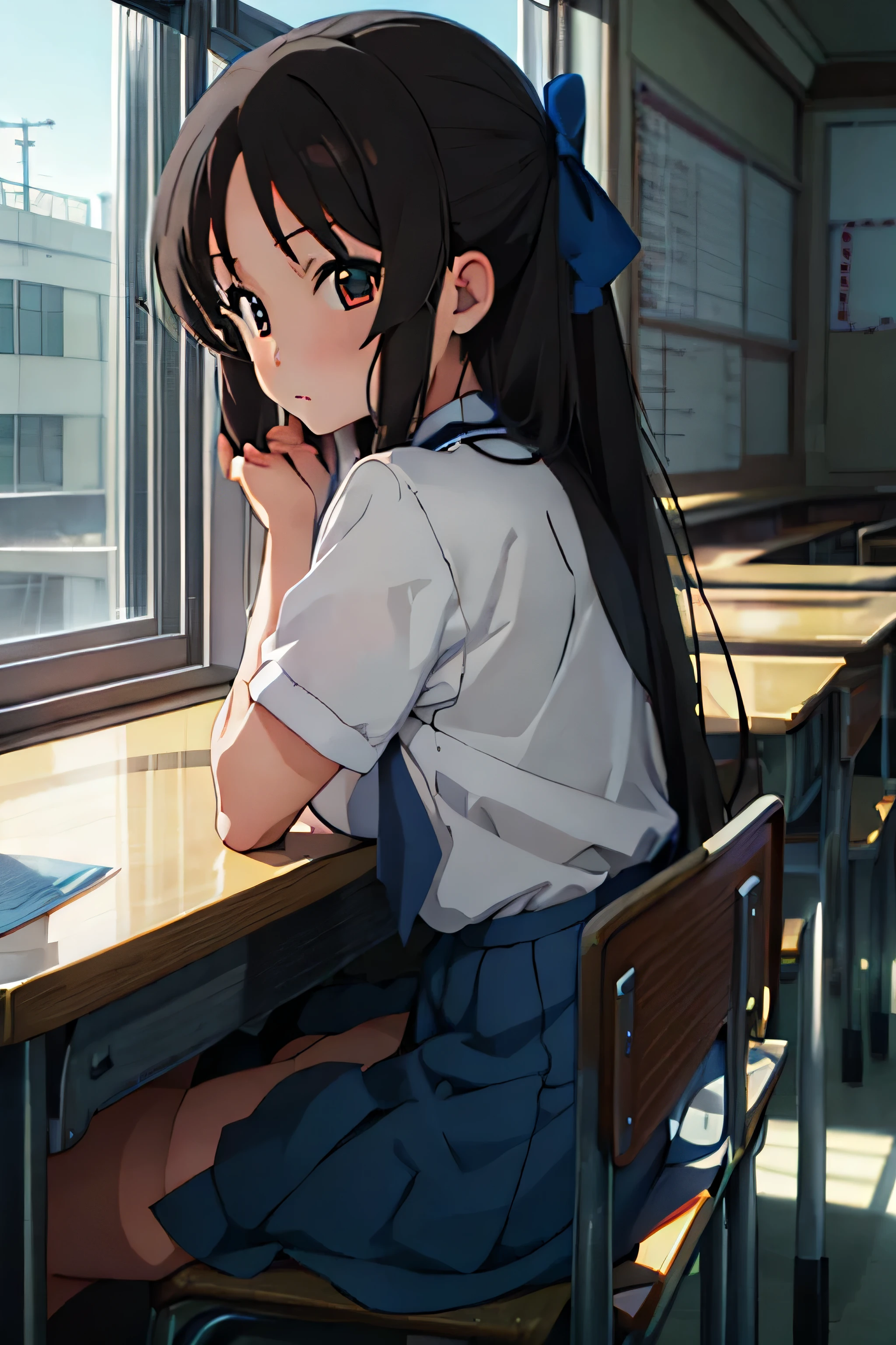 anime style illustration, highest quality, girl 1, solo, close up of face, School, classroom, Girls studying, (young girl, Completely naked, black hair, long hair, blue ribbon, shame, shyness, dye one&#39;s cheeks, small breasts, slimmed body, thighs )