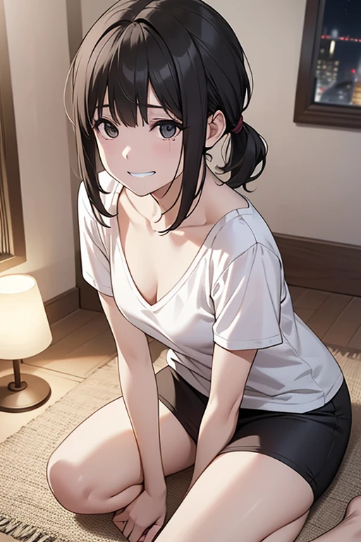 masterpiece, High resolution,High-definition CG Unity 8K,realistic,beautiful and detailed face, white skin,detailed hair textu,1 girl,black eyes,black hair,small breasts,low ponytail,(white V-neck T-shirt),(dynamic angle),(at night),room,sit on the floor,looking at viewer,(sad:1.1),grin