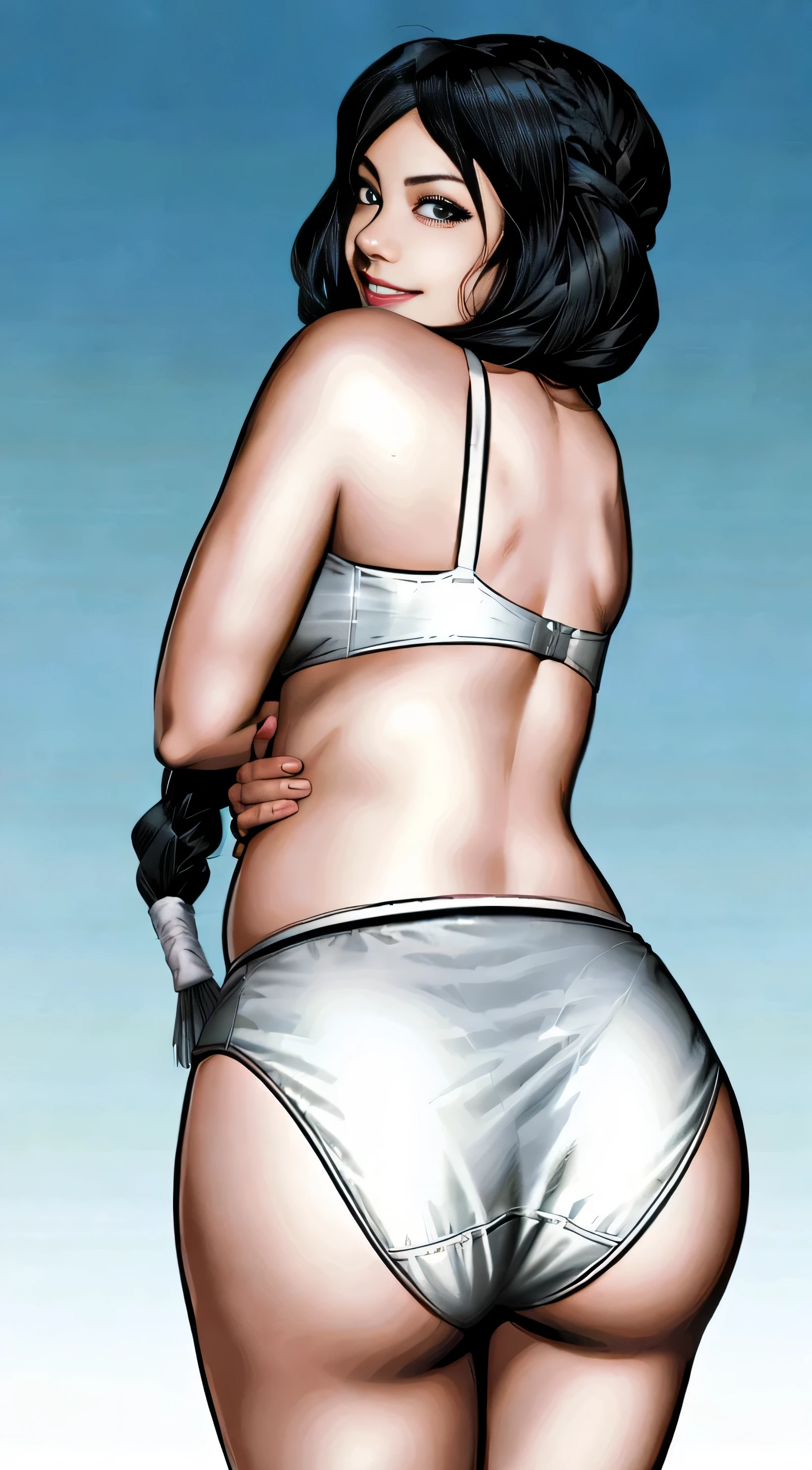 ((masterpiece, best quality)), ((39 year old)), (((Curvy))), ((Unohana from Bleach)), ((Japanese woman with long black braided hair)), ((white cotton panties)),white bra, smiling, Blue eyes, (((comic book art style)))