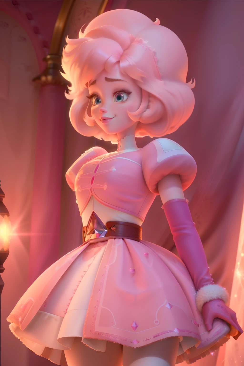 pnkdamond, pink hair, pink eyes,  big hair,  stomach gem,  pink skin,  toned, 
puffy short sleeves, elbow gloves ,  white thighhighs,   puffy dress, 
standing, upper body, 
 outerspace,  
(insanely detailed, beautiful detailed face,beautiful detailed eyes, masterpiece, best quality) cinematic lighting,  smile, 
 