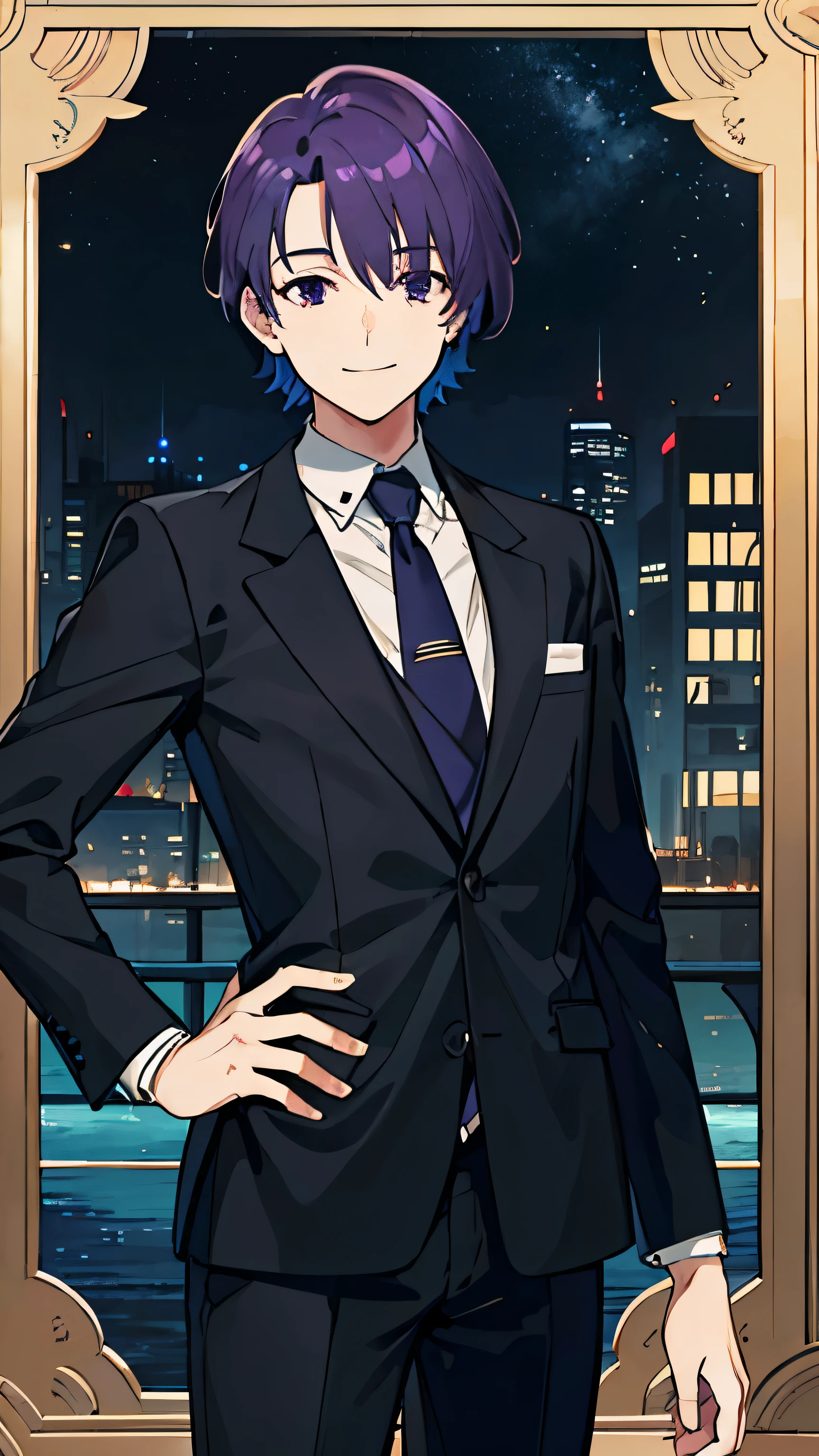1man solo, business suit, at night, on-board ship, intelligent, upper body, smiling, standing, looking down, shady, business suit, center part, shiny hair, purple hair, black eyes, tall