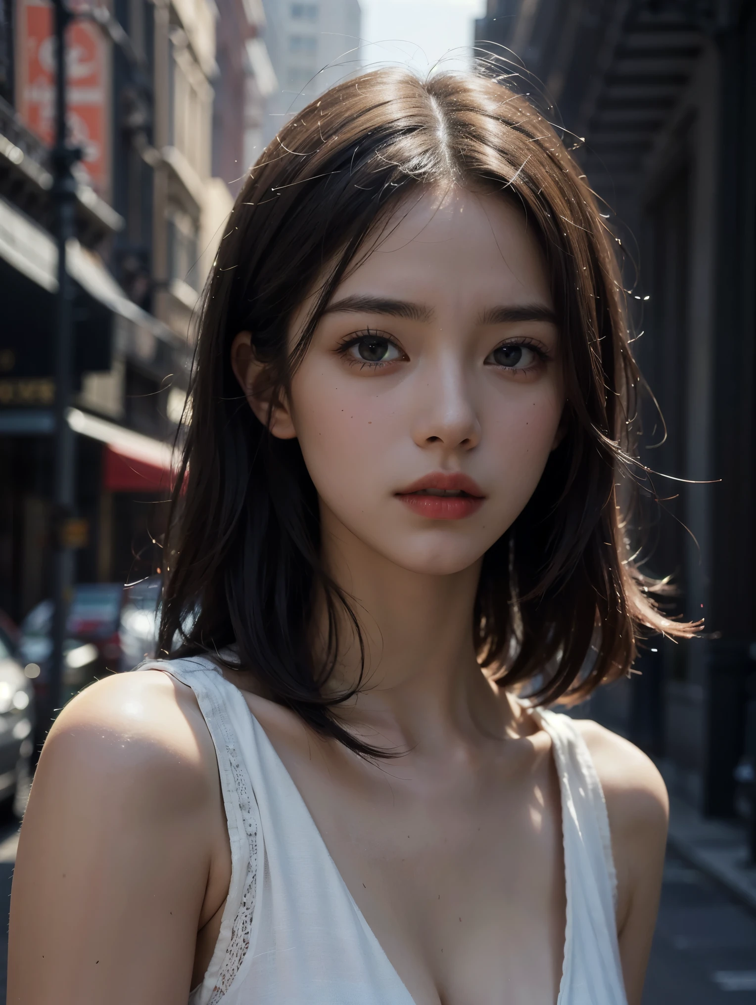 1girl, (looking at viewer:1.2), detail face, (a girl standing, rending on cgsociety, black shadows, streaming, new york backdrop), romanticism, atmospheric, (RAW photo, best quality), (realistic, photo-realistic:1.3), masterpiece, an extremely delicate and beautiful, extremely detailed,