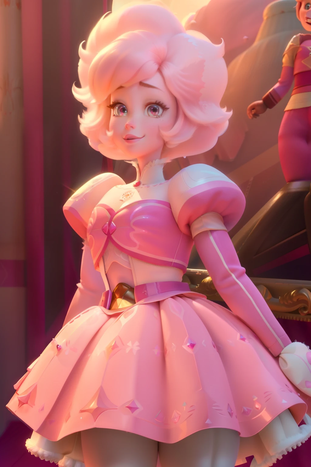 pnkdamond, pink hair, pink eyes,  big hair,  stomach gem,  pink skin,  toned, 
puffy short sleeves, elbow gloves ,  white thighhighs,   puffy dress, 
standing, upper body, 
 outerspace,  
(insanely detailed, beautiful detailed face,beautiful detailed eyes, masterpiece, best quality) cinematic lighting,  smile, 
 