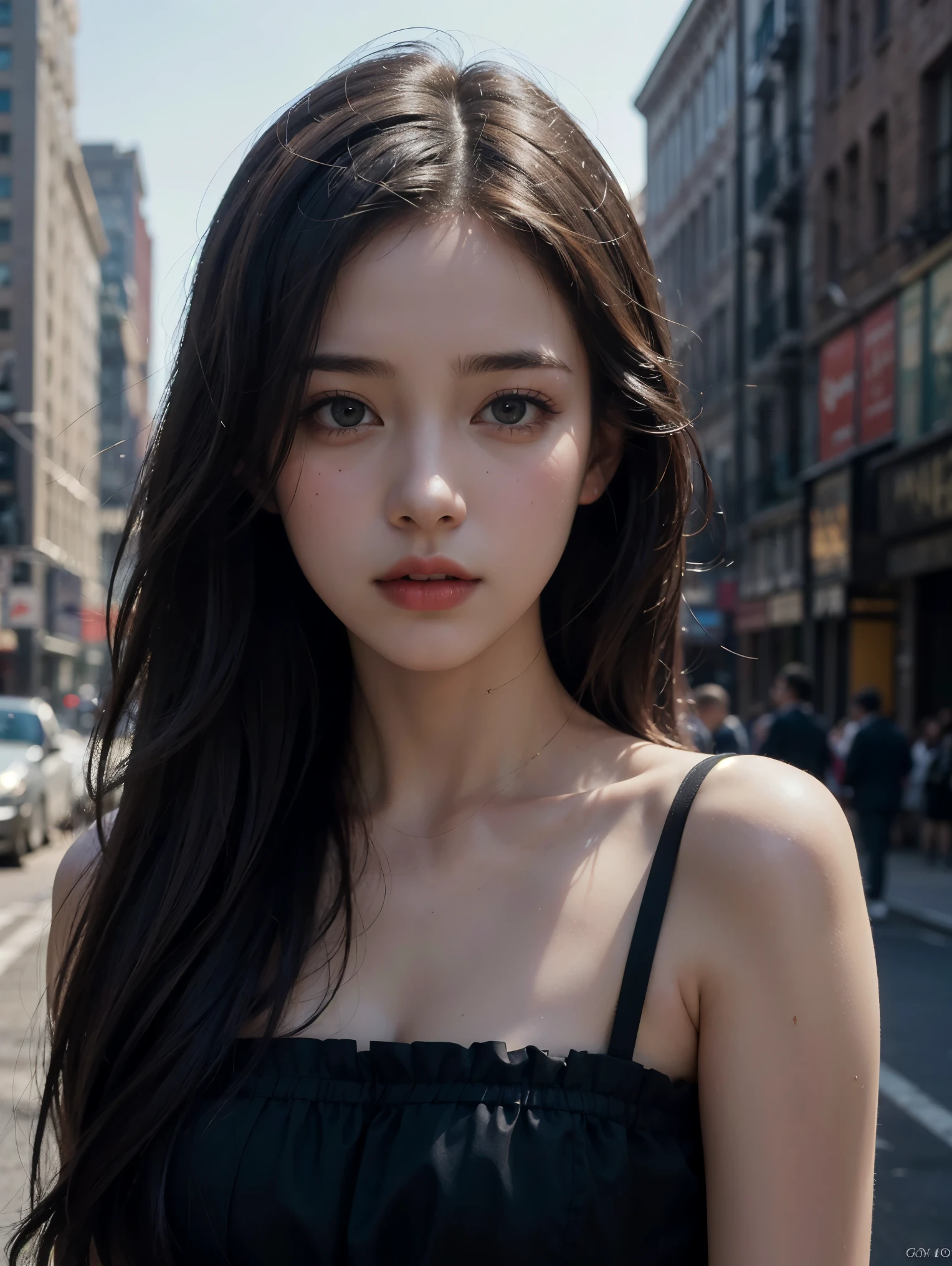 1girl, (looking at viewer:1.2), detail face, (a girl standing, rending on cgsociety, black shadows, streaming, new york backdrop), romanticism, atmospheric, (RAW photo, best quality), (realistic, photo-realistic:1.3), masterpiece, an extremely delicate and beautiful, extremely detailed,