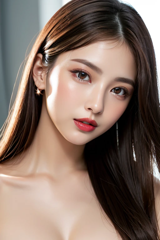 (highest quality、table top、8K、best image quality、Award-winning work)、(one young girl, :1.3)、(red eyeshadow:1.2)、perfect makeup、long eyelashes、Super high-definition sparkling eyes、ultra high definition hair、ultra high resolution glossy lips、Super high resolution perfect teeth、Super high resolution cute face、brown hair、(very long straight hair:1.1)、look at me and smile、[clavicle]、accurate anatomy、(close up of face:1.5)、Luxury love hotel、(The most moody warm lighting:1.2)、blurred background、Super high-resolution glossy and moisturized face、Super high resolution glowing skin、most detailed face、Ultra high resolution detailed faces、ultra high resolution hair、Super high resolution sparkling eyes、Beautiful face drawn in every detail、Super high resolution glossy red lips、(((Naked 1.5)))、(((full nude 1.5)))、(Emphasize the chest1.5)、