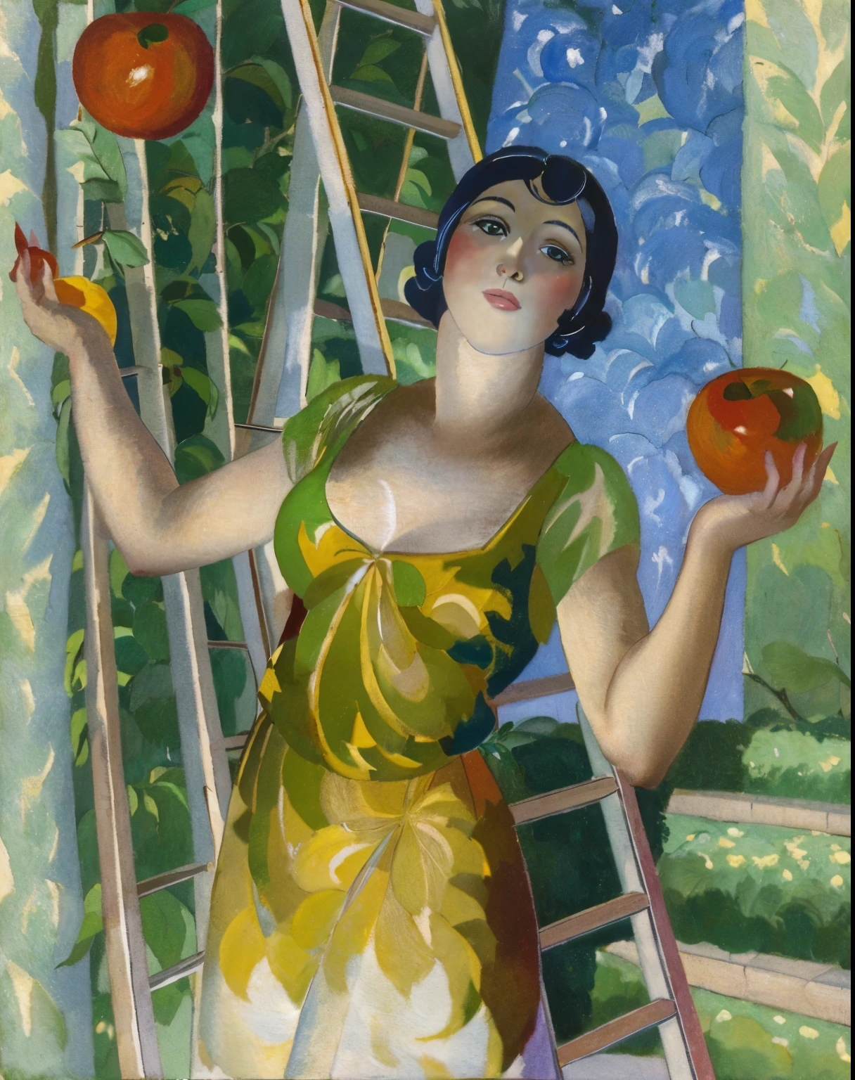 painting of a woman juggling with apples in front of a ladder, by Mark Gertler, rene magritte. detailed, 1 9 2 7 oil on canvas, oil on canvas (1921), an art deco painting, oil on canvas (1921)”, inspired by Mark Gertler, enoch bolles