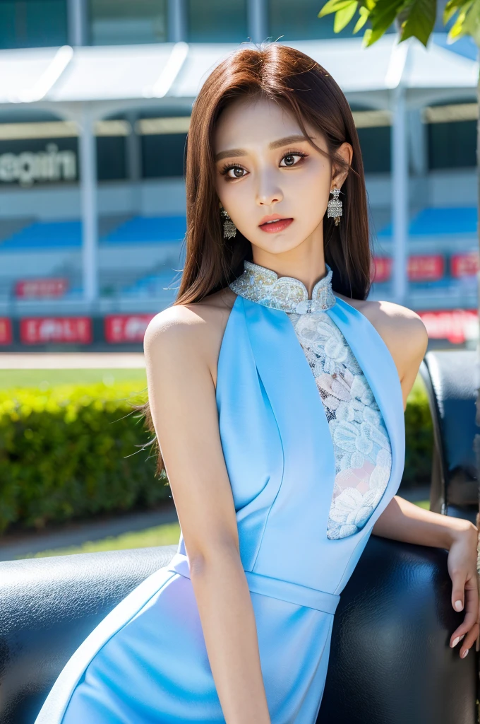 Tzuyu 1, woman, (realistic), (hyper realism), (photorealistic), Depth of the bounds written, eye make up:0.9, (whole body:1.2), (tight waist), looking at the viewer,at the racing track, lace queen, Sexy dress with open shoulders and chest