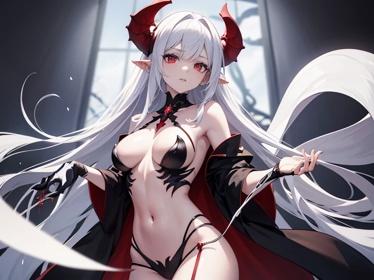 Monster girl with Bone tentacles, She has shiny red eyes with white hair, She has tiny breasts, Small breasts, Flat bust, She is wearing demonic costume, Glowing robe, Blood is dripping from her eyes, Bleeding scars, White bone tentacles