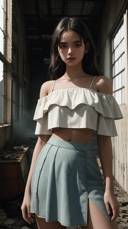 Polaroid image of a girl, crop top, off-shoulder top, A-line skirt, posing for a door, waist up, in an abandoned factory filled with broken machinery. Sunlight filters through cracks in the roof. Revealing the layer of dust floating in, air, continuous light, macro angle, dreamy fog, brand style.