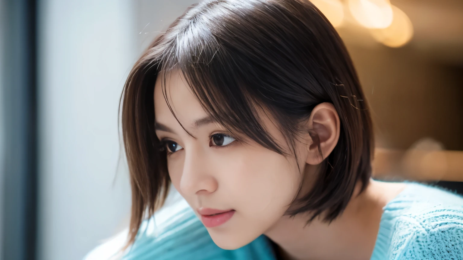 (highest quality、8K、32k、masterpiece、nffsw:1.2)、cute日本人女性の写真、big and full breasts、very short bobbed hair、Upper body、surface focus、extra large_sweater、necklace、Background of the café、From above、Viewer looking x4、(8K、RAW photo、highest quality、masterpiece:1.2)、(realistic、Photoreal:1.37)、1 girl、cute、professional lighting、photon mapping、Physically based rendering、gradient brunette hair、short curly hair、Handsome、girly、excellent image quality、High resolution、1080p、(clean face)、(Detailed facial description)、(Detailed hand explanation)、(Masseter muscle part)、(Detailed CG)、 extreme light and shadow、hair is dirty、masterpiece、rich details、(exquisite features)、(best image quality)、(masterpiece)、(detailed eye)、looking forward to your eyes、delicate clavicle、Various poses、Don'don't watch the mela、profile、Photographed inside the cafe、Spring clothes、simple necklace、light blue knit
