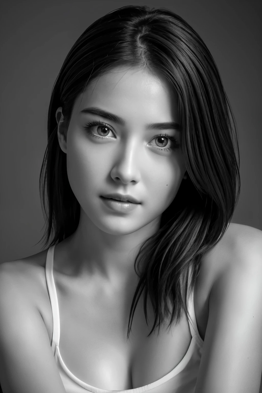 table top, highest quality, Photoreal, Super detailed, finely, High resolution, 8k wallpaper, RAW photo, Professional, Advanced level of detail, (((monochrome photography))), 1 girl, (facing the front), Upper body, perfect face, (Only lips red)