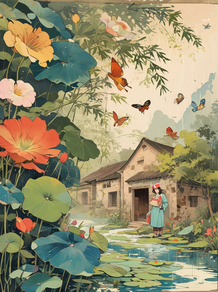 (painting:1.5), (National Science Foundation:1.2), A woman spins happily in the rain, 1 girl,flowery, Lycianthes ,Available in light pink and light blue styles..., Dreamy and romantic composition..., Flowers dropped on her face, Collage-based style, made from insects, William Wegman, colorism, White background, Pencil art illustration, National Geographic Photos, luxury, extravagant, fashionable, , abundant, grace, Breathtakingly beautiful, professional, high contrast, detailed, Describe a dreamlike appearance, whimsical scene，Elements appear to blend into the background, (Nurse in WWII costume ),,  Eduardo Cobra (Eduardo Kobra) Quilting , Geometric walls, portrait, until, chibi,
yang08k, fair, dyeing,
Main works, better quality, better quality, official art, Beautiful and beautiful, best posture,perfect fingers, touching