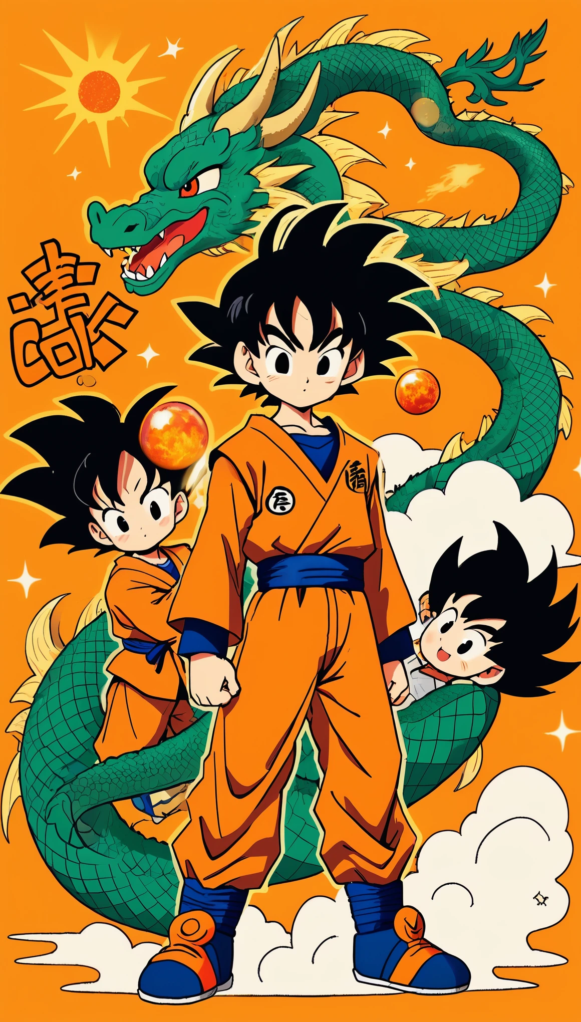 Little Sun Wukong(Son Goku)a character portrait,all from:Dragon Ball(Dragon Ball);black hair,orange clothes;visual audience。solid color background,There is a dragon behind;Atmosphere rendering。colorful,Color coordination。Rich in details。illustration style,Japanese manga style,Original style;graphic arts,Poster cover。(masterpiece, best quality)
