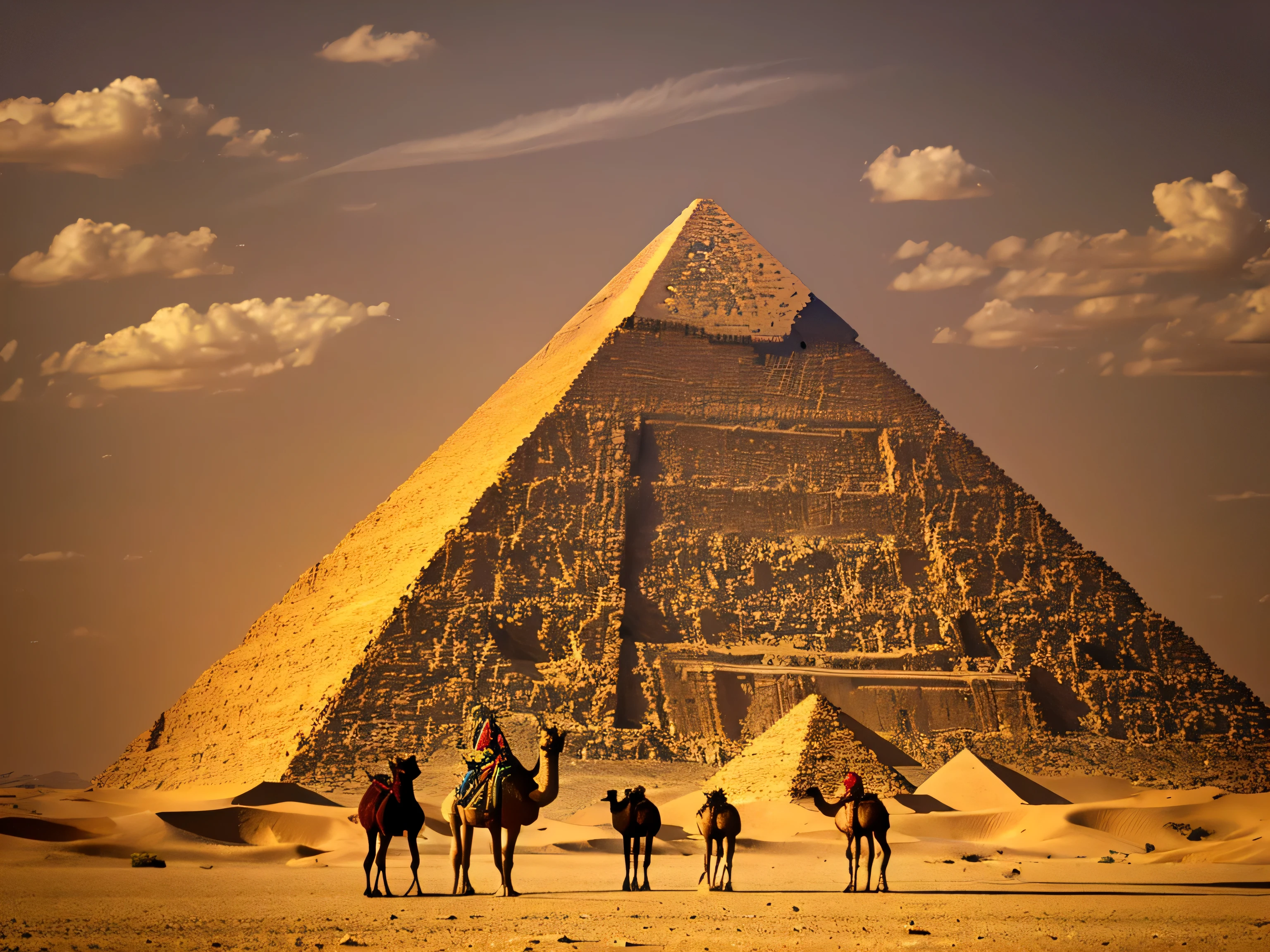 a pyramid in the desert with a herd of camels and shepherds