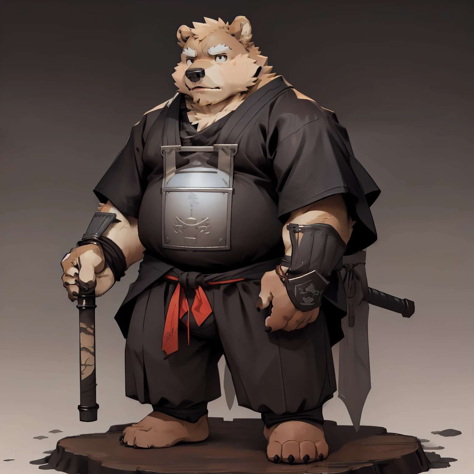 New Jersey 5 Hairy, Bear，Full body portrait of an individual, male,exquisite， chubby，thick arms，plush fur，front，stand，Ninja forehead，Breastplate，ninja clothes，Ninja pants，Ninja Bracers，Carrying a katana，calm