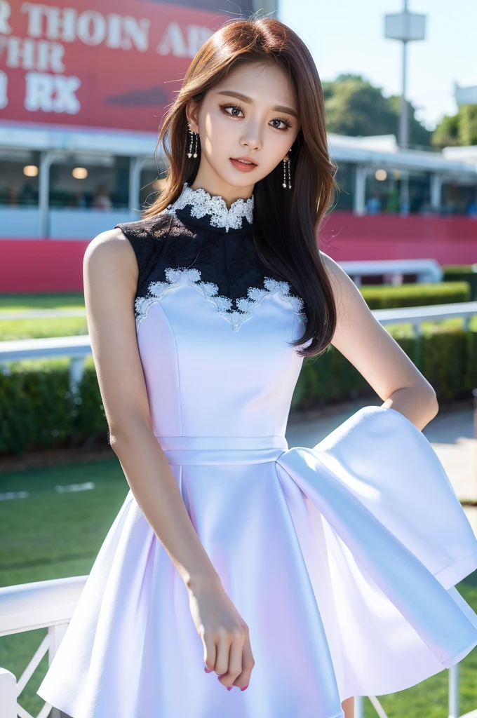 Tzuyu 1, woman, (realistic), (hyper realism), (photorealistic), Depth of the bounds written, eye make up:0.9, (whole body:1.2), (tight waist), looking at the viewer,at the racing track, lace queen, Sexy dress with open shoulders and chest