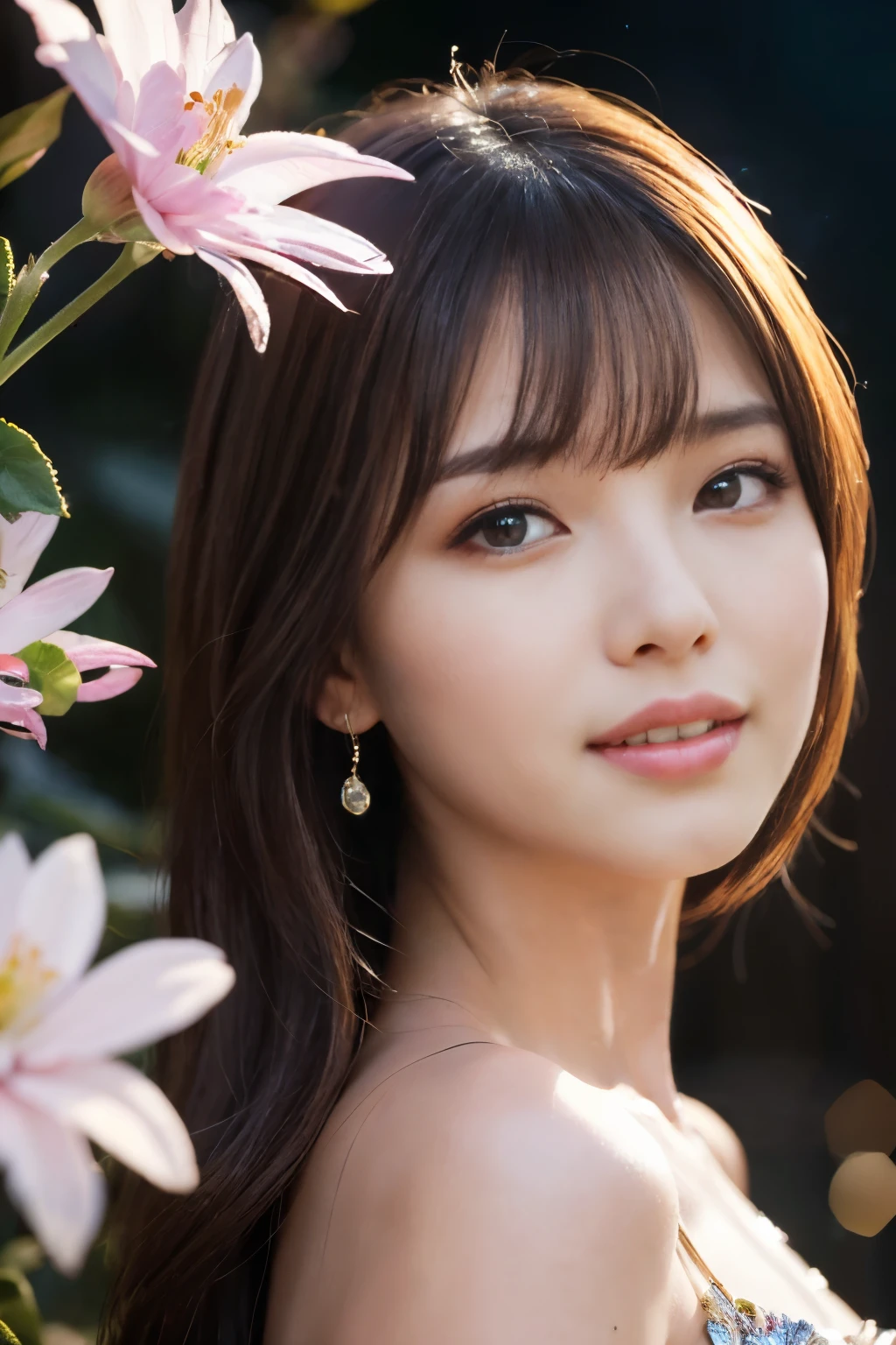 ((table top:1.4, highest quality)), (realistic pictures:1.4), 
((1 girl)), (Pure actress), (dream-like),
(超High resolution:1.2), very delicate and beautiful, wonderful, Highly detailed CG Unity 8K wallpaper, Super detailed, High resolution, 
soft light, beautiful detailed girl, highly detailed eyes and face, beautifully detailed nose, beautiful and detailed eyes, 
(wear a gorgeous glitter dress:1.3), 
cinematic lighting, perfect anatomy, slender body, (parted bangs),
(Flower garden blooming in a cave:1.3), (Flowers blooming all over in the darkness々the brilliance of:1.5), (Light and dark emphasis), (fantastic beauty),
cowboy shot, looking at the viewer, (smile)
