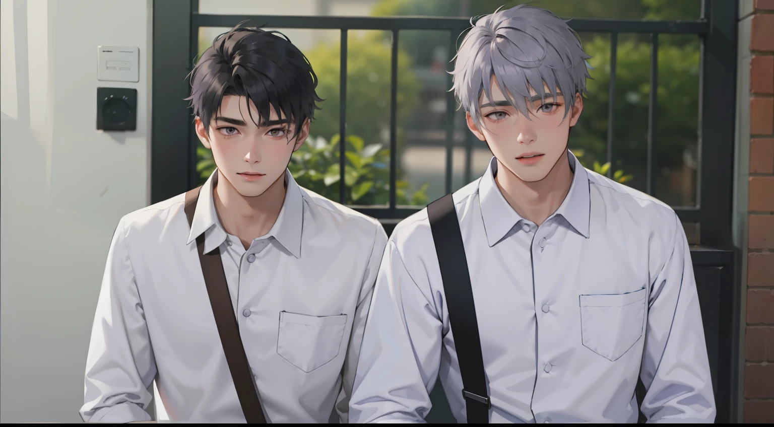 two 16 year old boys with gray and violet hair