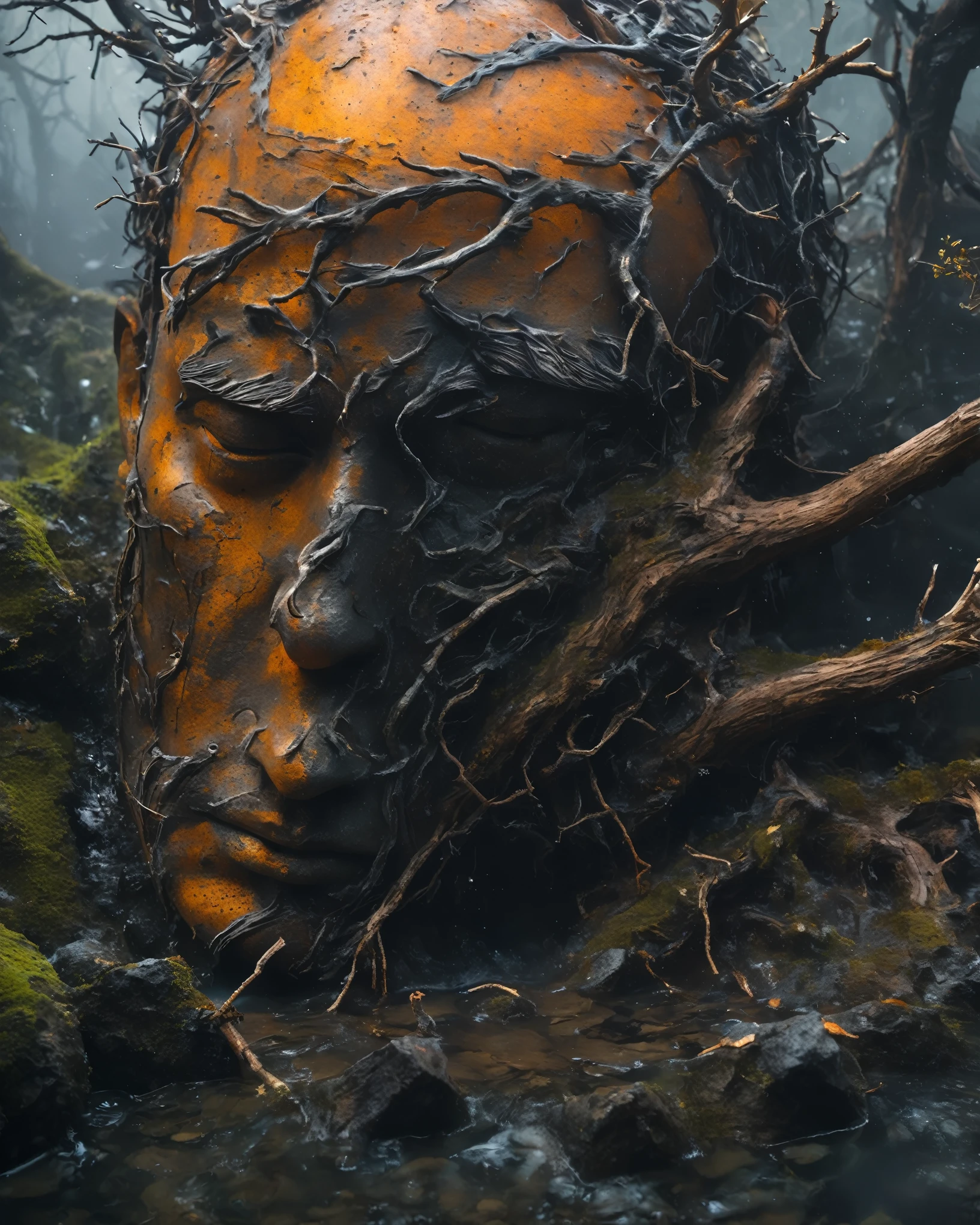 Black and orange background，from above, bokeh, UHD, masterpiece, high details, high quality, award winning, best quality, highres, 16k，
(Looking up angle），Big Dumb Object，（Portrait of huge handsome man head sculpture collapsed in water：1.3），Great Wilderness，Dense fog，old，Dead branches，Art style of Philip Hodas，Matte of the human soul, realism ，BDO works by American digital artist Stuart Lippincott，Use advanced tones and shading，Creates a dazzling and mysterious light，The deep spatial pattern and mysterious atmosphere,Create a sci-fi mechanical god realm,Highlighting the insignificance of human beings，and fear of the unknown，minimalist art，fantasy，Surrealism，