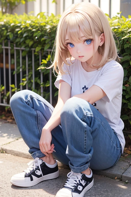 A girl, beautiful, ear, bangs, shirt, frill, denim, blue eyes, sneakers