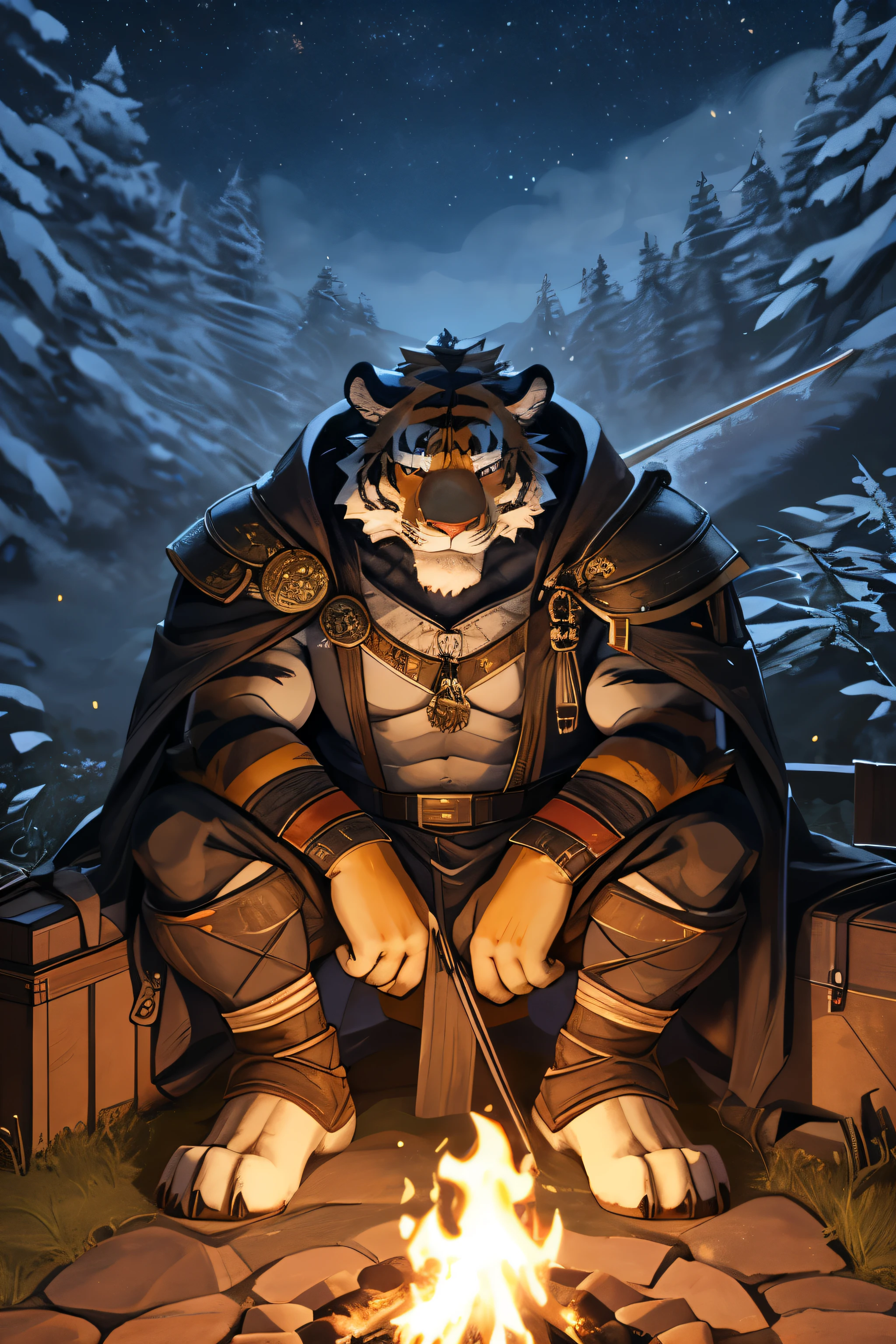 By Taran Fiddler, Bara, One man, furry, orange tiger, mature male, dilf, older male, muscular, mustache, handsome face, orgasmic facial expression, pleasured face, orange and black fur, sitting down, legs spread, naked, nude, masturbating, jerking off, huge cock, veiny cock, good view of cock, outdoors, in forest, sitting against tree trunk, wooded forest background, sitting on the grounf, dark, night time, at night, midnight