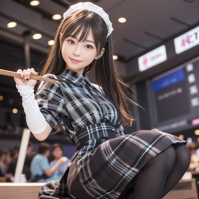 In 8K,highest quality:1.4, 超A high resolution:1.5, (realistic:1.4),masterpiece:1.2,(highest quality:1.4)、 Raw photo、 (background is blurry),  1 Japanese girl, cute, (alone:1.4), (はにかんだsmile), smooth skin、 (brown medium hair,bangs),Nogizaka,supple fingertips,beautiful black eyes、dual、natural skin texture:1.3, Realistic eye and face details:1.7、medium breasts、daytime、tight ass:1.5、look at the audience,The camera is３ｍbackwards, Hilarious,(maid:1.2),bow,long sleeve, black sleeves,(black plaid long tights:1.5),maidの頭飾り,maid apronl,cafeteria,Upper body:1.8,(thin hair:1.1), (fine eyes:1.1)、smile、fluttering hair、Swaying hair、stick your butt out、((stick out your tongue a little))