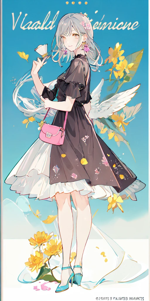 (masterpiece:1.2), highest quality,pixiv,sweet girl ,
1 girl, flower, cup, have, bob hair, gray hair, bag, high heels, food, jewelry, earrings, looking at the viewer, smile, holding, long hair, inner color、alone, fruits,  knee-length dress， handbag, gray eyes, Colorful shoes, bird, yellow flower, envelope, english text, full body, white flower,  shirt,Are standing, 
 valentine color、colorful background、